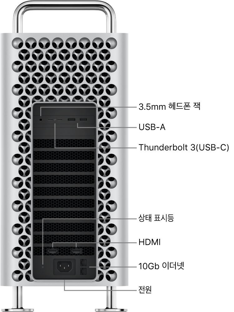 3.5mm 헤드폰 잭, USB-A 포트 2개, Thunderbolt 3(USB-C) 포트 2개, 상태 표시등, HDMI 포트 2개, 10기가비트 이더넷 포트 2개 및 전원 포트가 있는 Mac Pro를 옆에서 본 모습.