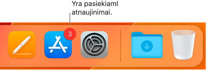 „Dock“ dalis, kurioje rodoma „App Store“ piktograma su ženkleliu, nurodančiu, kad galima atsisiųsti naujinių.