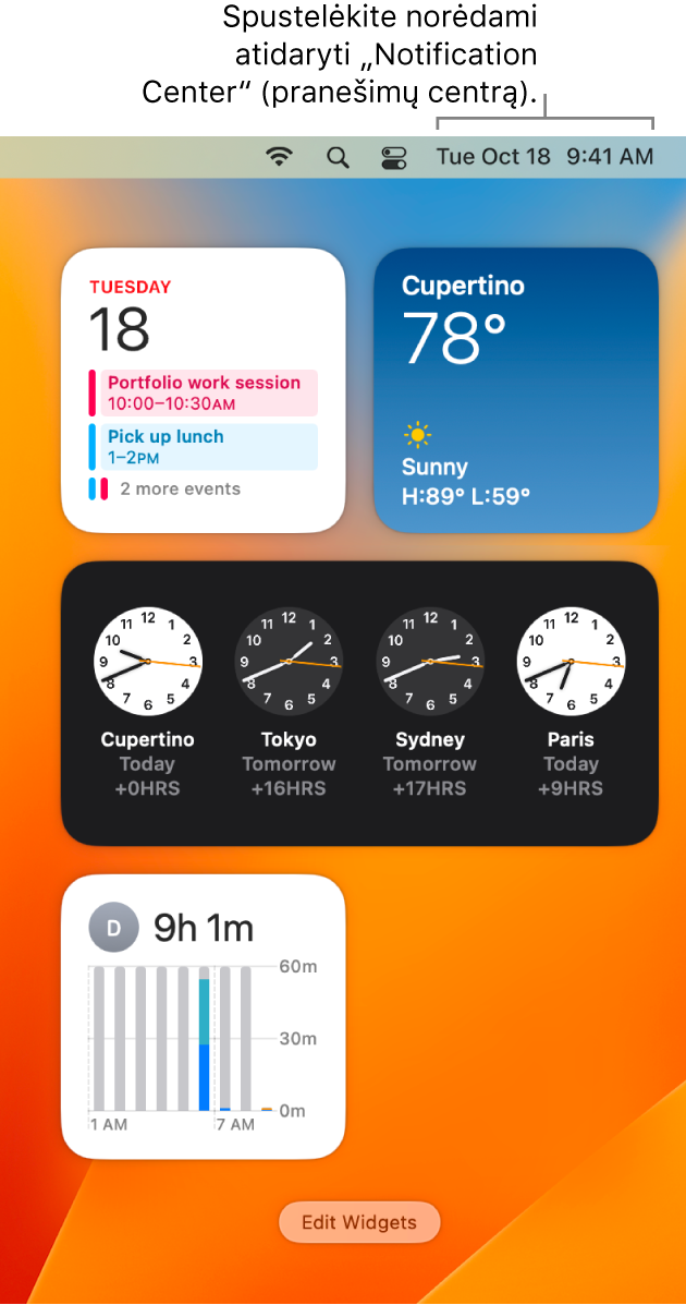 „Notification Center“ su pranešimais ir valdikliais, skirtais „Calendar“, „Weather“, „Clock“ ir „ScreenTime“.