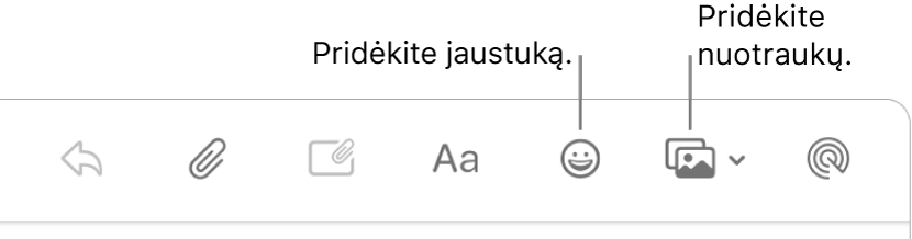 El. laiško kūrimo lange rodomi jaustukų ir nuotraukų mygtukai.