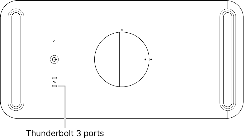 Mac Pro datora augšpuse ar norādi uz pareizo izmantojamo Thunderbolt 3 portu.