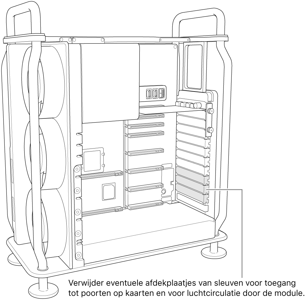Verwijder eventuele sleufafdekkingen die nodig zijn voor toegang tot poorten op kaarten en voor luchtcirculatie in de module.