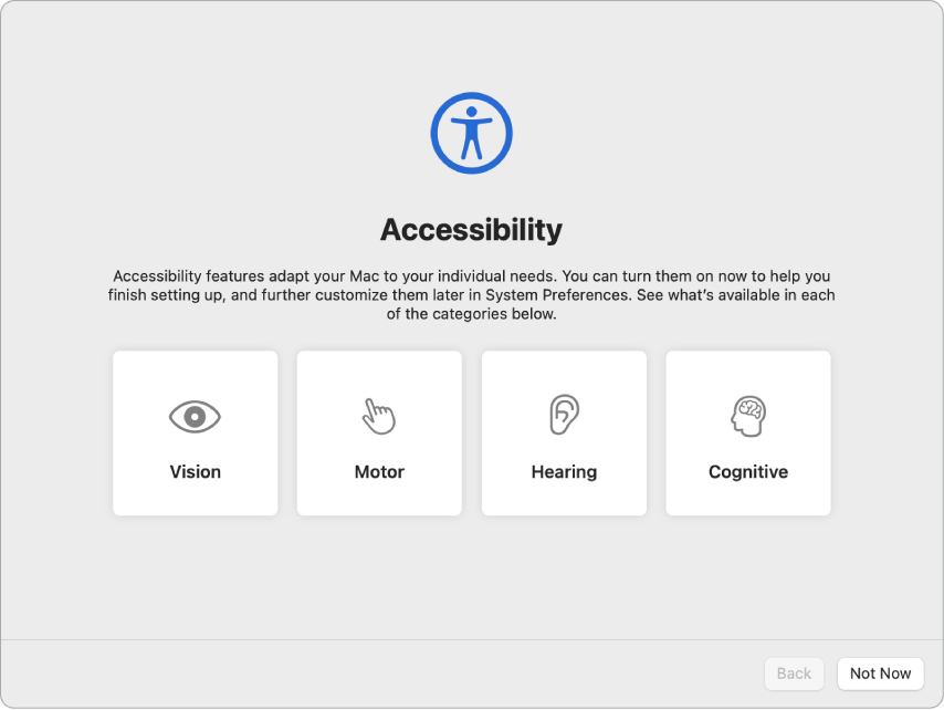 Een Mac-scherm met de toegankelijkheidsopties in de Configuratie-assistent.