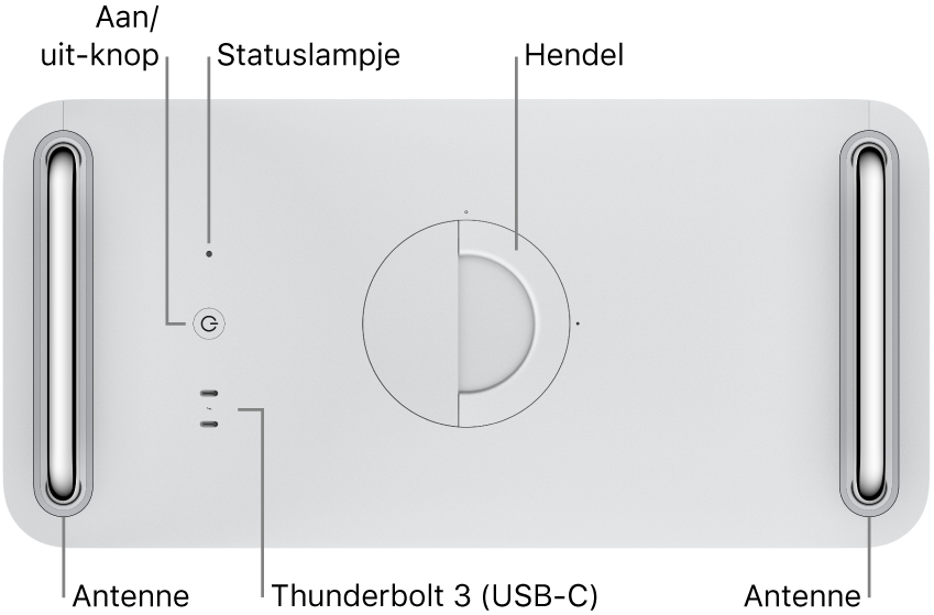De bovenkant van de Mac Pro met de aan/uit-knop, een indicatielampje voor het systeem, een vergrendeling, een antenne en twee Thunderbolt 3-poorten (USB-C).