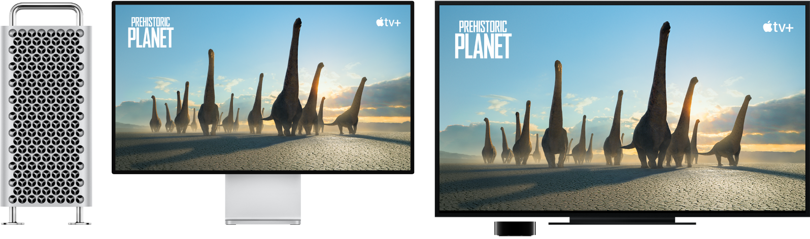 Een Mac Pro waarvan de inhoud via een Apple TV wordt weergegeven op een grote HD-tv.