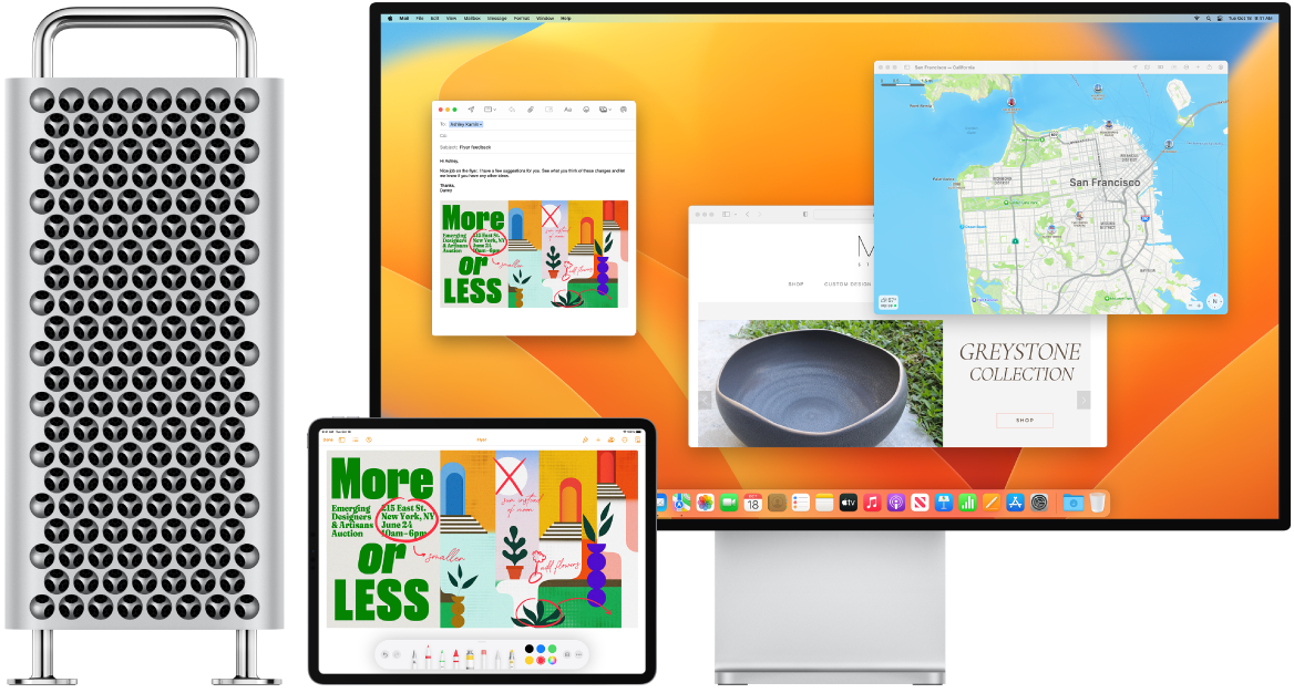En Mac Pro og iPad vises ved siden av hverandre. iPad-skjermen viser en brosjyre med merknader. Skjermen som brukes av Mac Pro viser en Mail-melding med brosjyren fra iPaden lagt ved som et vedlegg.