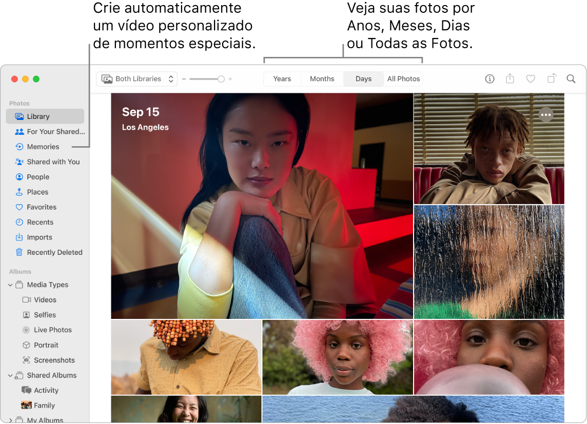 Janela do app Fotos mostrando o recurso Memórias na barra lateral esquerda e o menu local na parte superior, onde você pode ver as fotos do seu álbum por dia, mês e ano.