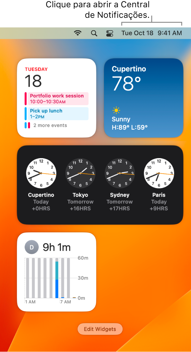 Central de Notificações com notificações e widgets do apps Calendário, Tempo, Relógio e Tempo de Uso.