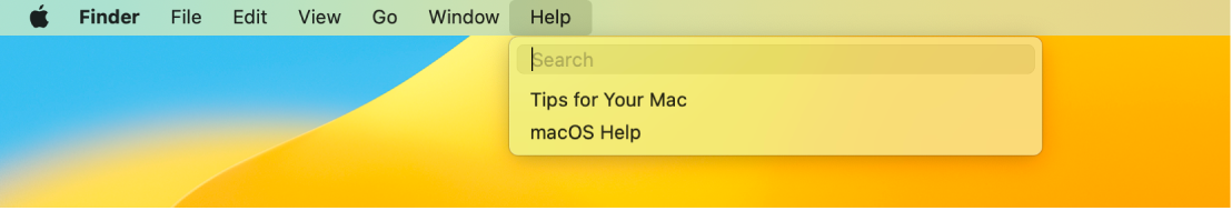 Parte da secretária visível, com o menu Ajuda aberto, a mostrar as opções de menu para Pesquisa e Ajuda do macOS.