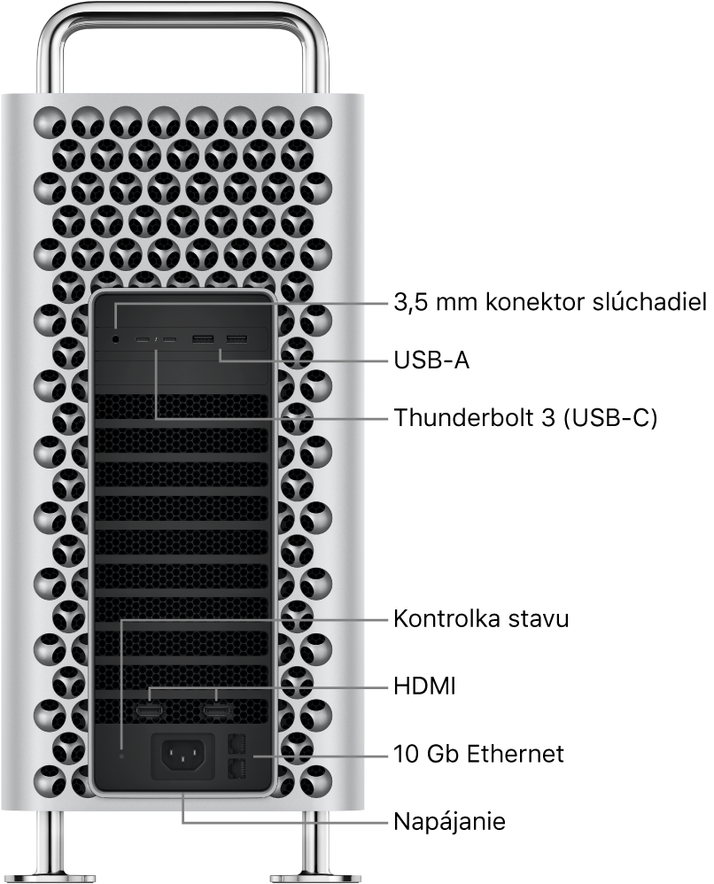 Bočná strana Macu Pro znázorňujúca 3,5 mm konektor slúchadiel, dva USB-A porty, dva Thunderbolt 3 (USB-C) porty, indikátor stavu, dva HDMI porty, dva 10 Gigabit Ethernet porty a napájací port.