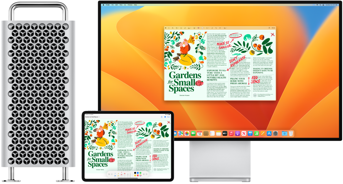 En Mac Pro och en iPad sida vid sida. Båda skärmarna visar en artikel som är täckt av röda redigeringsanteckningar, till exempel överstrukna meningar, pilar och kompletterande ord. Det finns även märkningsreglage längst ned på iPad-skärmen.