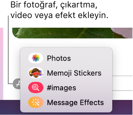 Fotoğrafları, Memoji çıkartmalarını, GIF’leri ve mesaj efektlerini gösterme seçenekleri ile Uygulamalar menüsü.