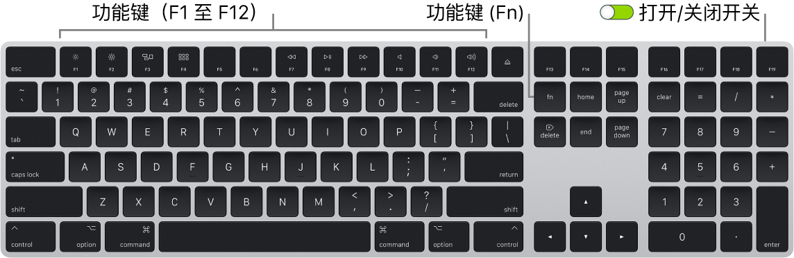 妙控键盘,左下角显示功能键 (Fn),键盘右上角显示打开/关闭开关。