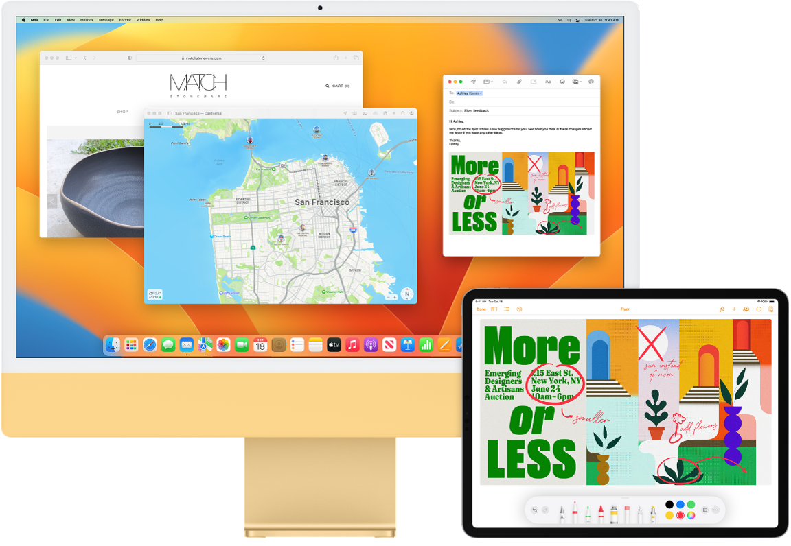 Един до друг са показани един iMac и един iPad. Екранът на iPad показва брошура с анотации. Екранът на iMac има отворено съобщение от Mail (Поща) с прикачен файл брошурата с анотациите от iPad.