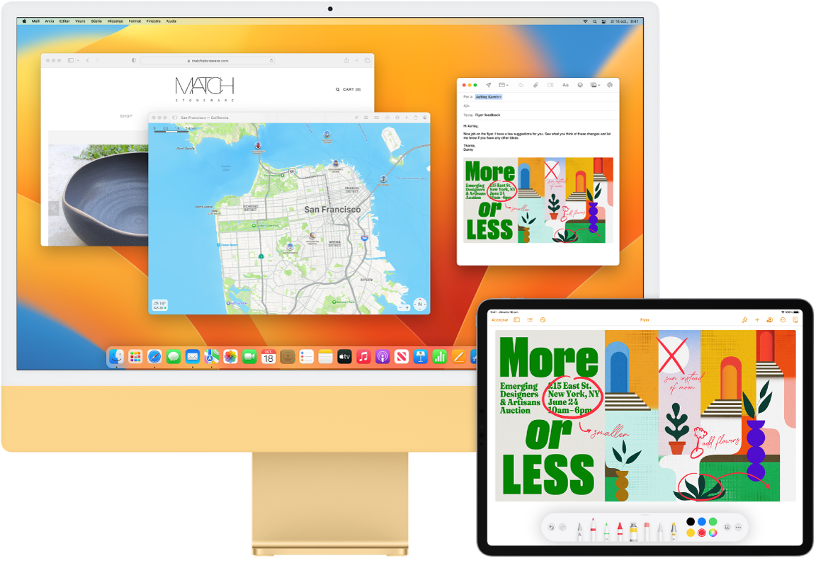 Es veuen un iMac i un iPad, l’un al costat de l’altre. A la pantalla de l’iPad es veu un fullet amb anotacions. A la pantalla de l’iMac hi ha un missatge del Mail que conté el fullet amb anotacions de l’iPad en forma d’adjunt.