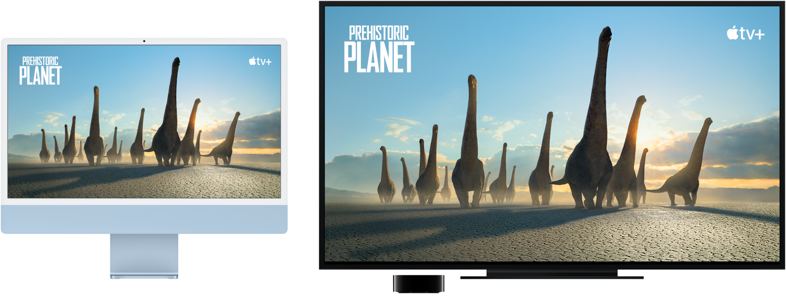 Un iMac amb el seu contingut duplicat a un televisor d’alta definició gran per mitjà d’un Apple TV.