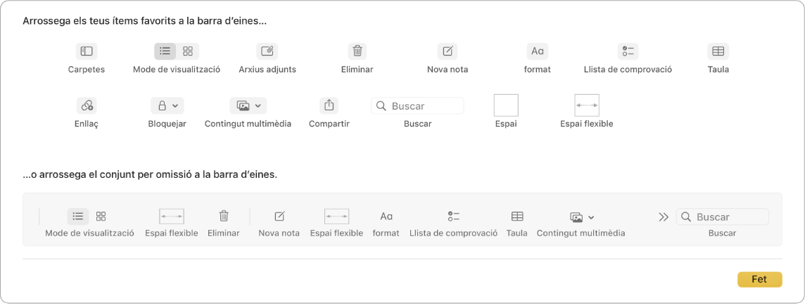 Una finestra de l’app Notes amb les opcions de personalització de la barra d’eines disponibles.