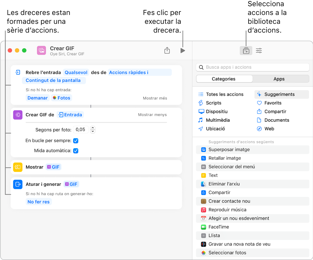 L’editor de dreceres “Crear GIF” a l’esquerra i la biblioteca d’accions a la dreta.