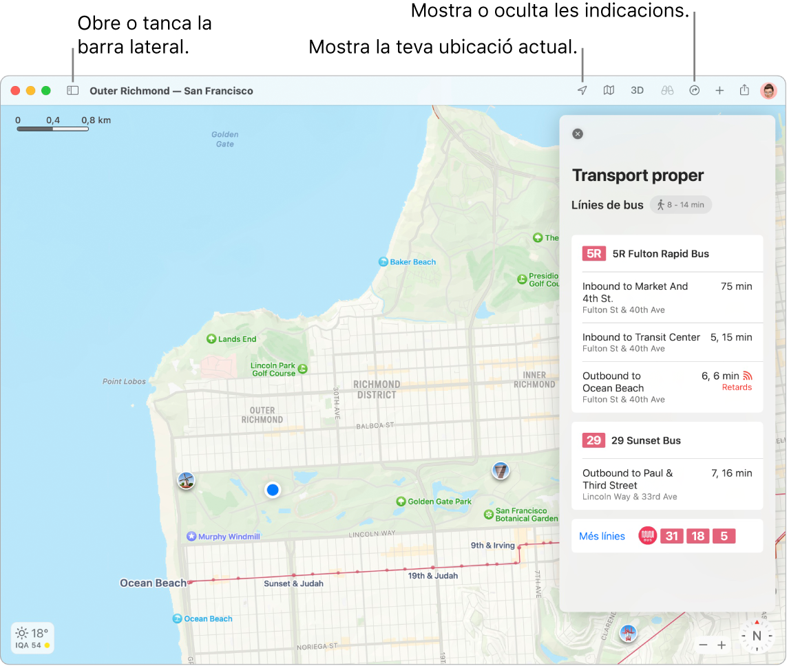 Una finestra de l’app Mapes mostrant com s’obté una ruta fent clic a una destinació a la barra lateral, com obrir i tancar la barra lateral i com buscar la teva ubicació actual al mapa.