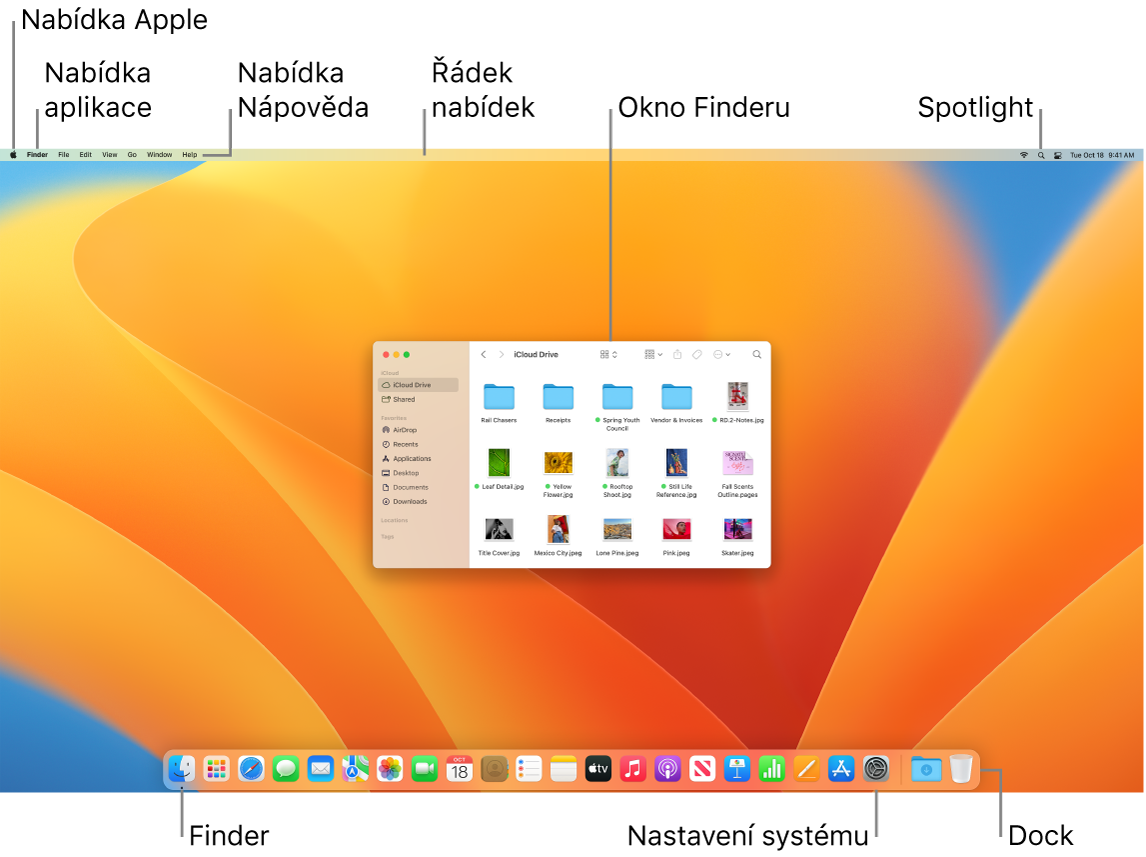 Obrazovka Macu s nabídkou Apple, nabídkou aplikace a nabídkou Nápověda, řádkem nabídek, oknem Finderu, ikonami Spotlightu, Finderu a Nastavení systému a s Dockem