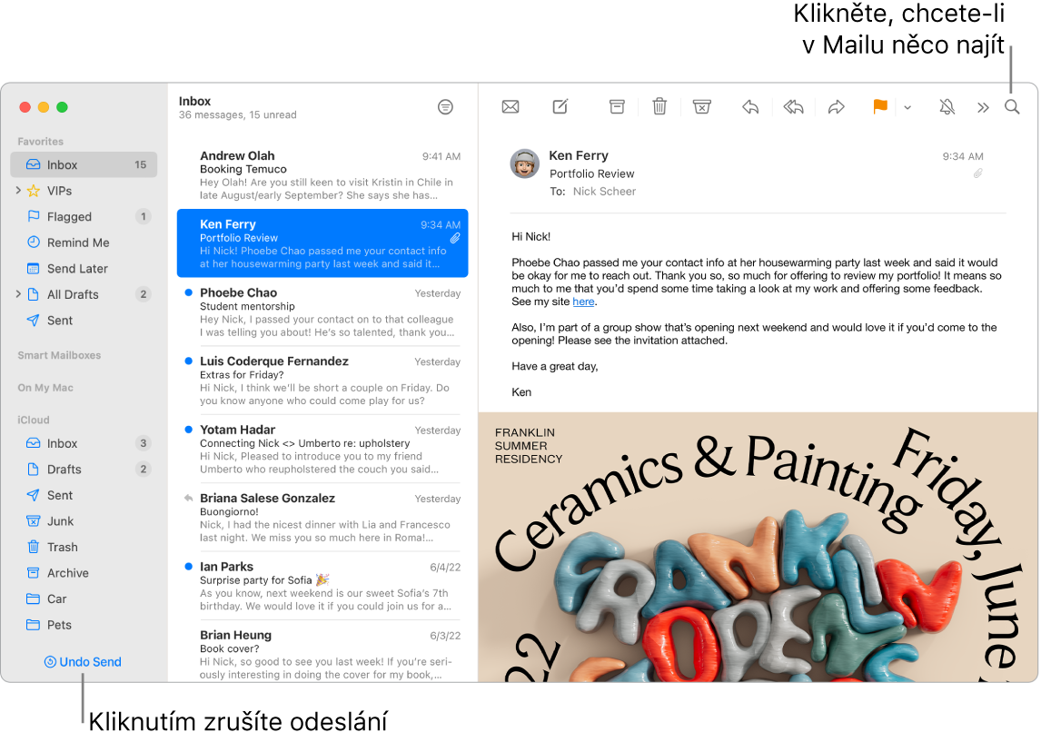 Okno aplikace Mail s bočním panelem na levé straně, obsahujícím složky Oblíbené, Dynamické schránky a iCloud, se seznamem zpráv vedle bočního panelu a s obsahem vybrané zprávy na pravé straně