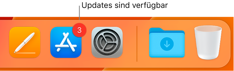 Ein Abschnitt im Dock mit dem App Store-Symbol, das mit einem Kennzeichen versehen ist, das anzeigt, dass Updates verfügbar sind