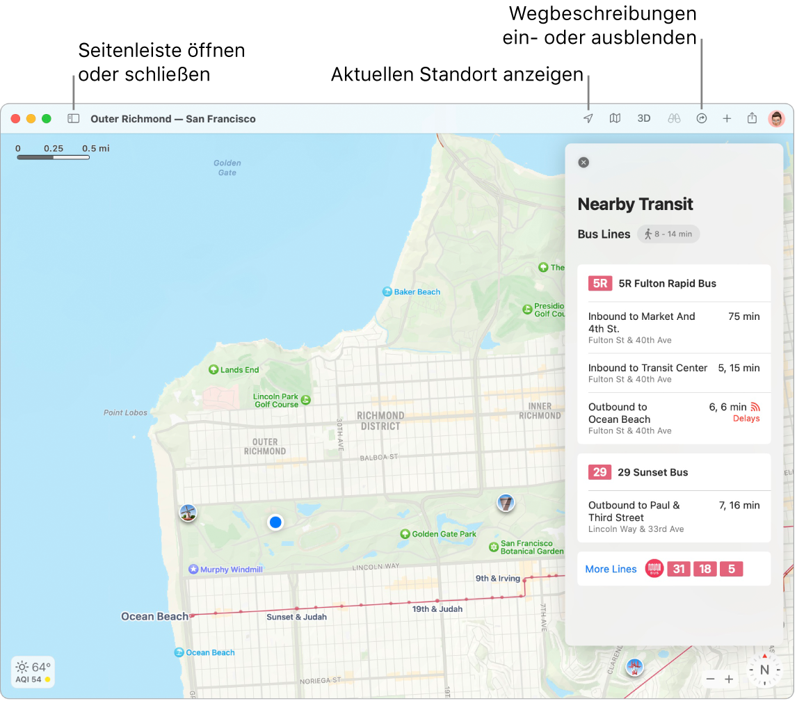 Ein Fenster der App „Karten“ mit Informationen zum Anzeigen von Routen durch Klicken auf ein Ziel in der Seitenleiste, zum Öffnen und Schließen der Seitenleiste und Bestimmen deines aktuellen Standorts auf der Karte.