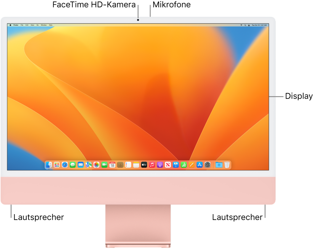 Vorderansicht des iMac mit Bildschirm, Kamera, Mikrofonen und Lautsprechern.