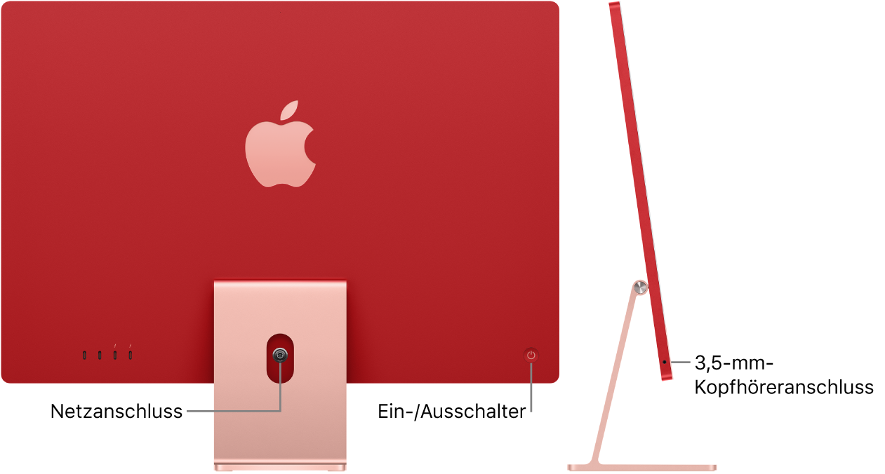 Rückansicht des iMac mit Netzanschluss und Ein-/Ausschalter. Daneben ist eine Seitenansicht mit dem Kopfhöreranschluss.