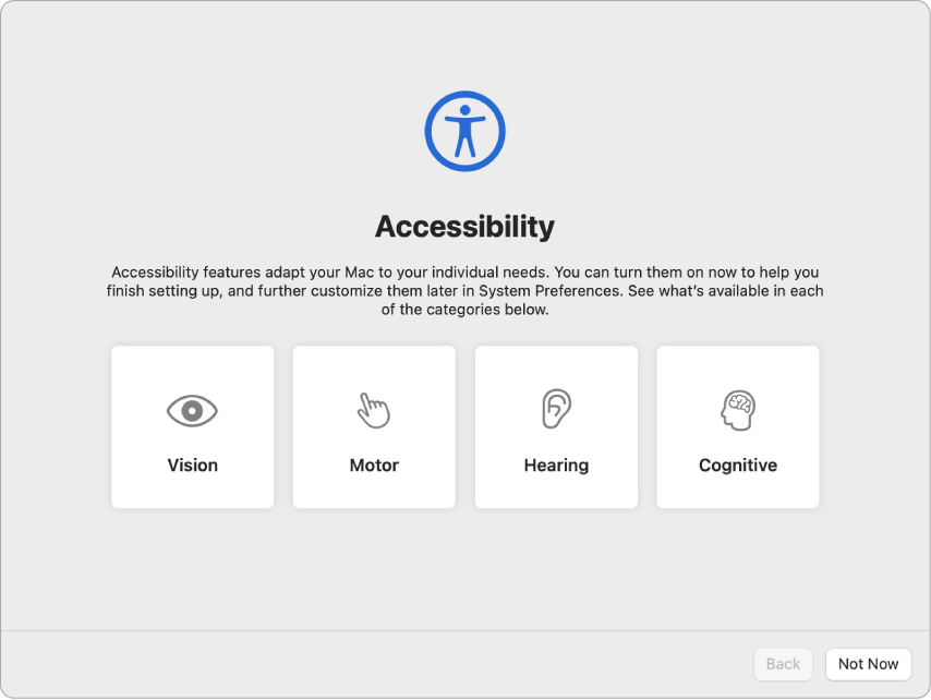 Μια οθόνη Mac όπου φαίνονται οι επιλογές Προσβασιμότητας στον Βοηθό διαμόρφωσης.