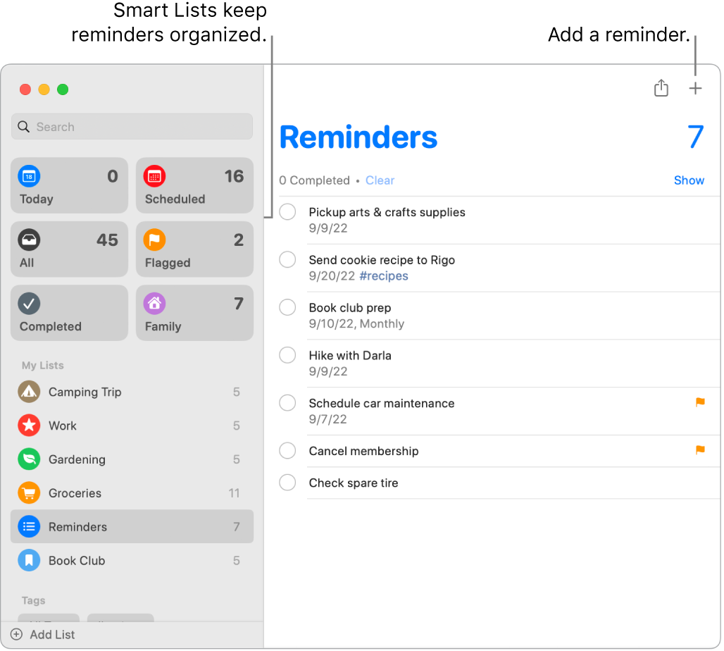 A Reminders window with smart lists on the left and other reminders and lists below. The pointer is in a reminder. There are callouts to the Smart Lists and to the “Add a new reminder” button.