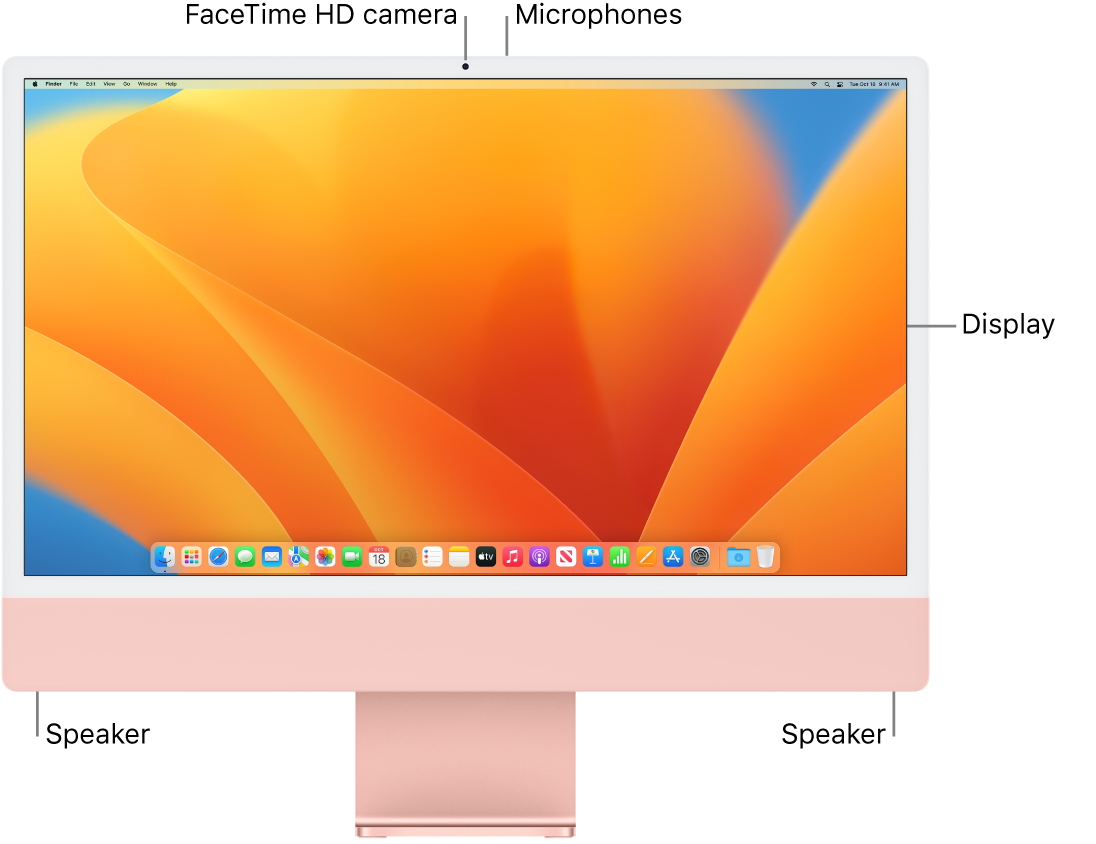 Front view of iMac showing the display, camera, microphones, and speakers.