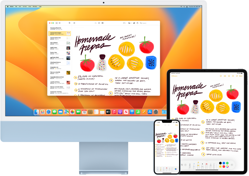 Una lista de compras se muestra en la app Notas de la iMac, iPhone y iPad.
