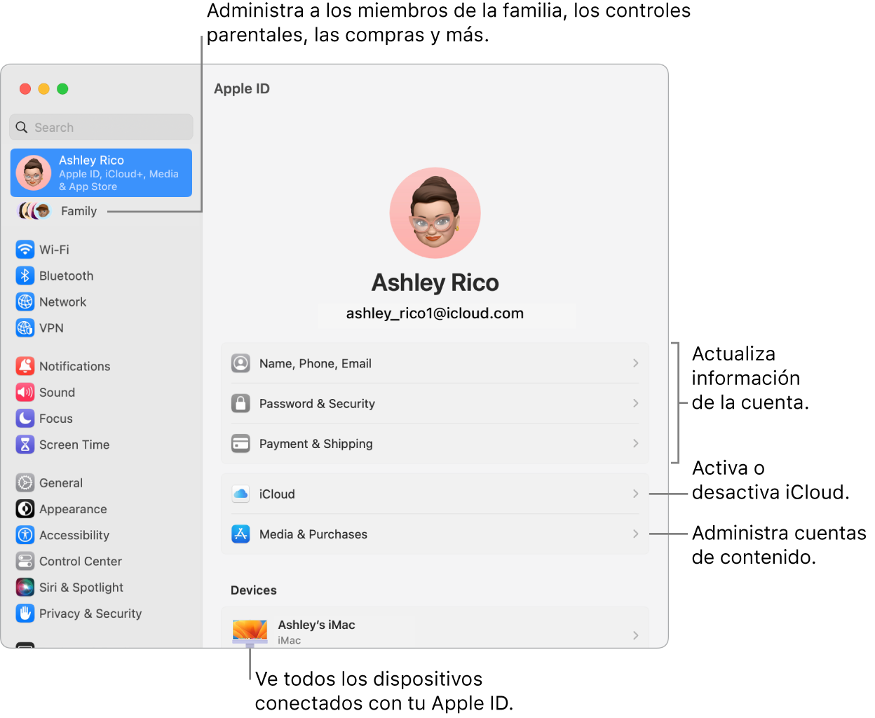 La configuración de Apple ID en Configuración del Sistema con textos para actualizar la información de la cuenta, activar o desactivar funciones de iCloud, administrar cuentas de contenido, y Familia, donde puedes administrar familiares, controles parentales, compras y más.