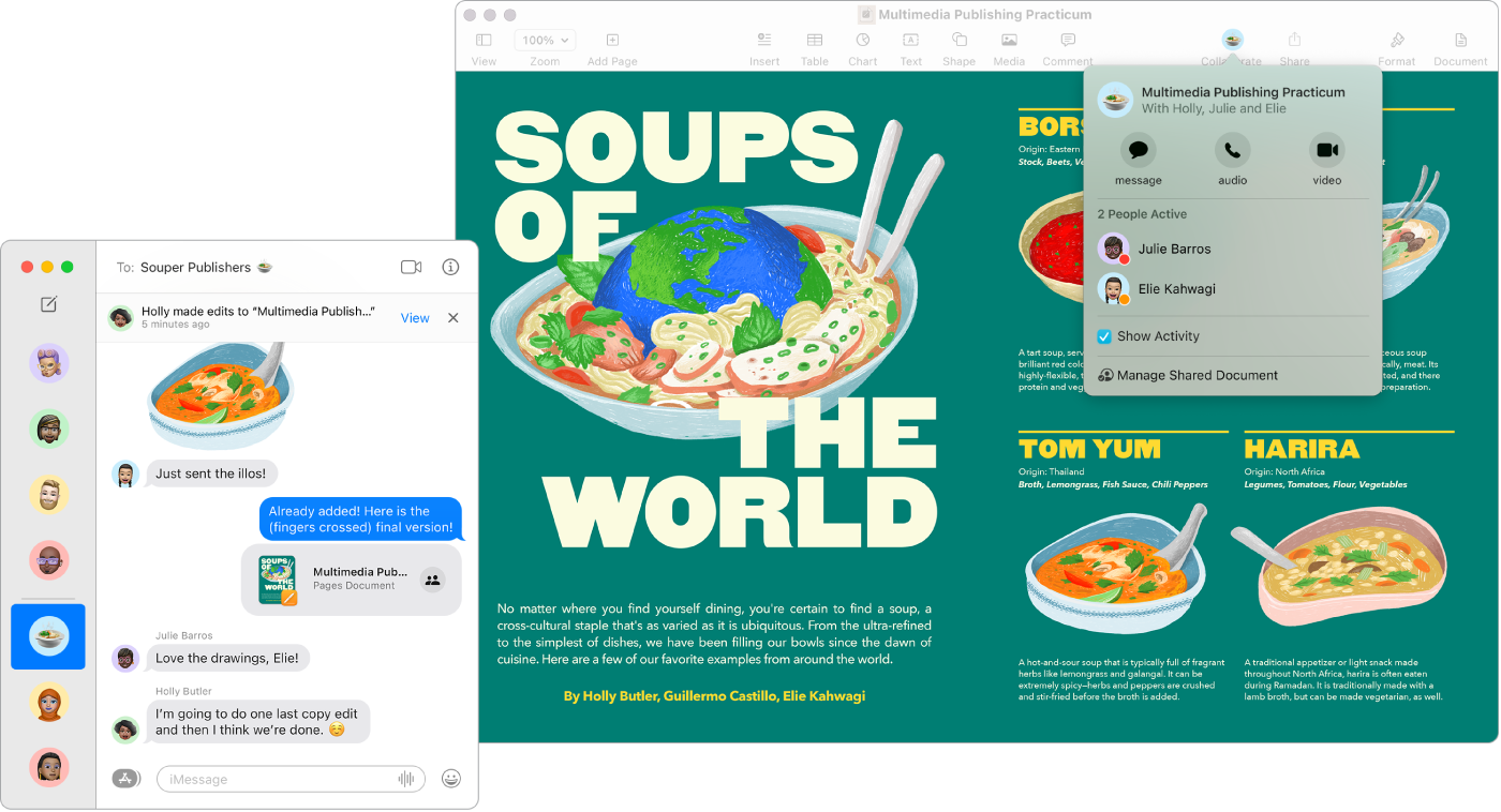 Una ventana de la app Mensajes con un chat de grupo y una presentación de Keynote con los ajustes de colaboración mostrados uno al lado del otro.