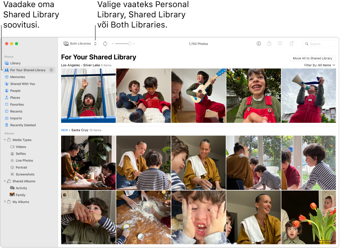 Aknas Photos on nii Personal Library kui ka Shared Library ning soovitused Shared Library fotode kohta.