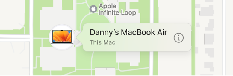 Un gros plan sur l’icône d’informations du MacBook Air de Danny.