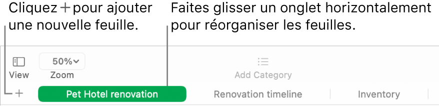 Fenêtre de Numbers indiquant comment ajouter une nouvelle feuille et réorganiser des feuilles.