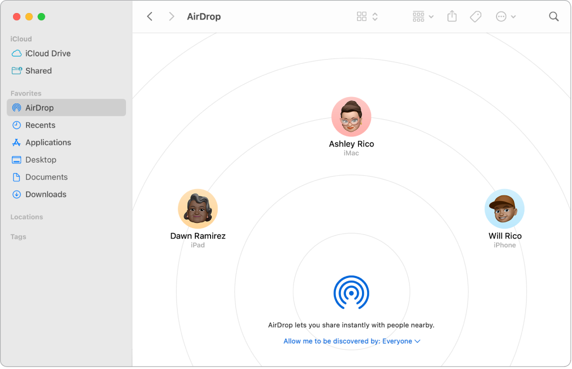 Fenêtre du Finder avec AirDrop sélectionné dans la section Favoris de la barre latérale.