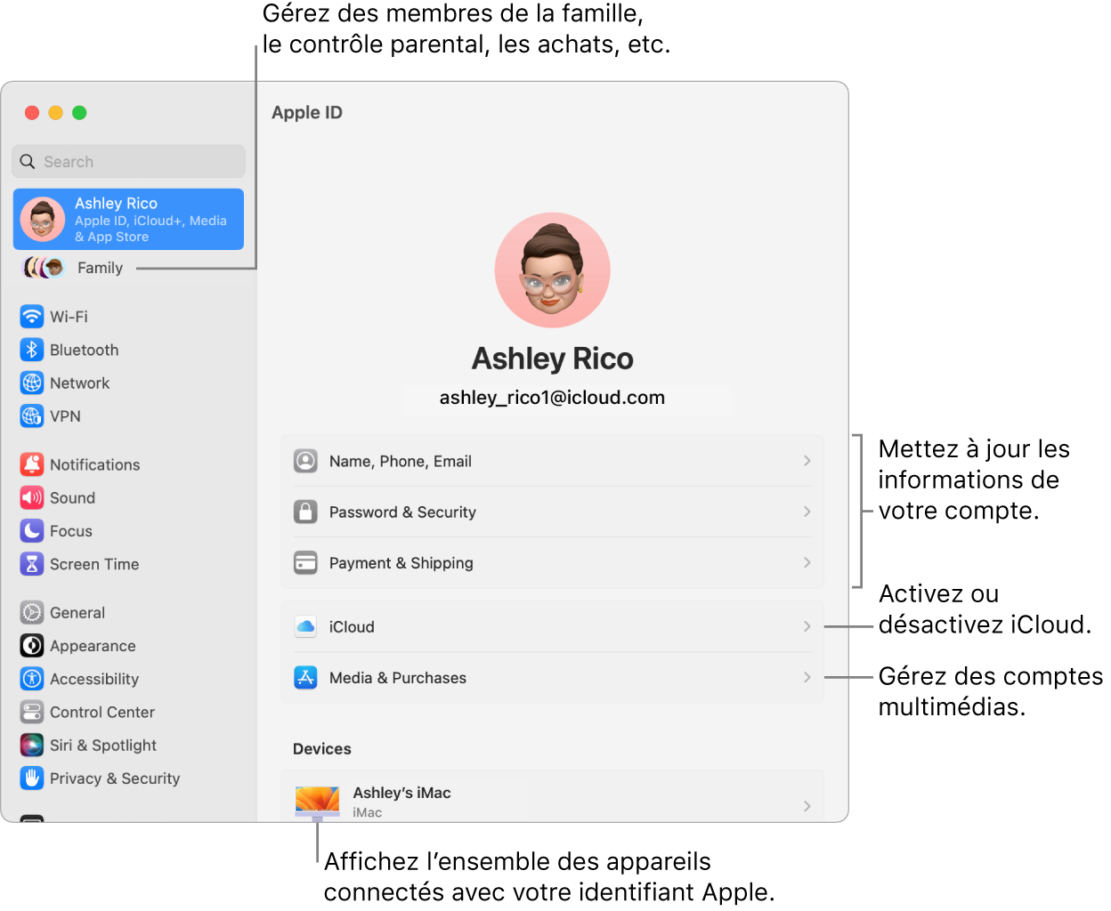 Réglages de l’identifiant Apple dans « Réglages Système » avec des légendes pour la mise à jour des informations du compte, l’activation ou la désactivation des fonctionnalités iCloud, la gestion des comptes multimédias, et Famille, où vous pouvez gérer les membres de votre famille, les contrôles parentaux, les achats, et plus encore.