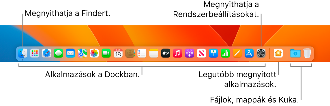 A Dock képe a Finderrel, a Rendszerbeállításokkal, illetve egy vonallal a Dock területén, amely elválasztja az appokat a fájloktól és mappáktól.