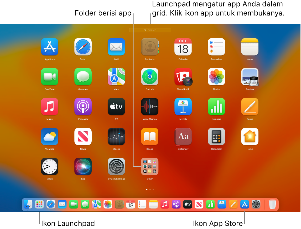 Layar Mac dengan Launchpad terbuka, menampilkan folder app di Launchpad, dan ikon Launchpad dan App Store di Dock.