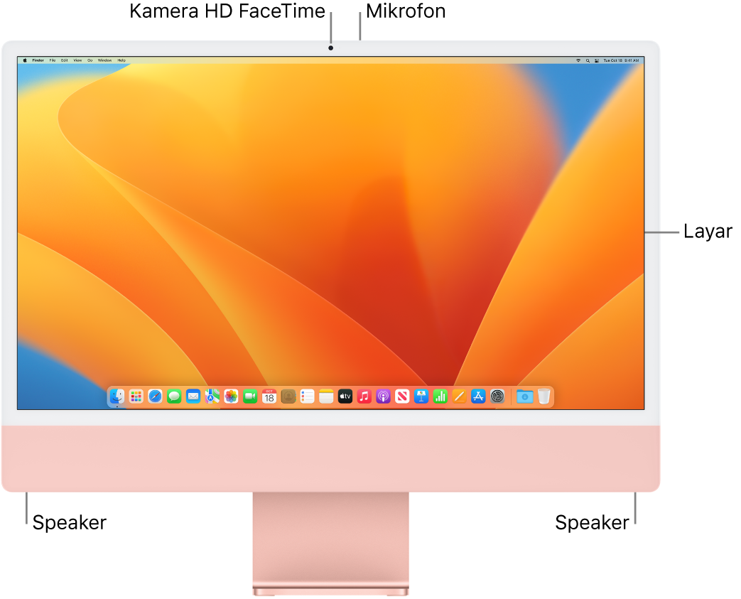 Bagian depan iMac menampilkan layar, kamera, mikrofon, dan speaker.