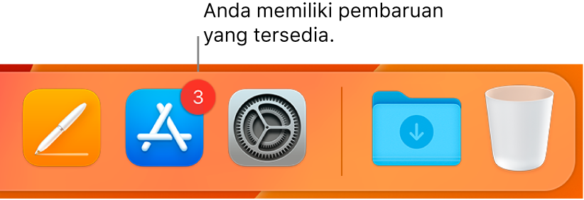 Bagian di Dock menampilkan ikon App Store dengan lencana, menunjukkan bahwa pembaruan tersedia.