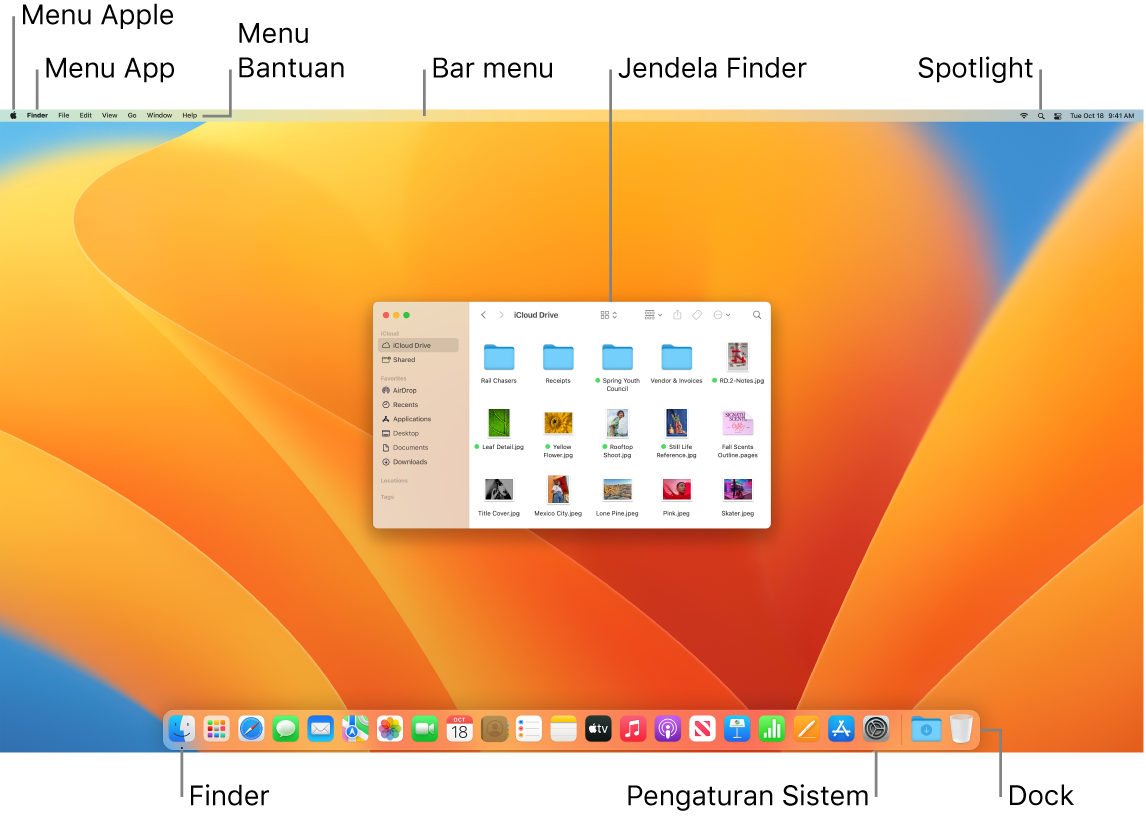 Layar Mac menampilkan menu Apple, menu App, menu Bantuan, bar menu, jendela Finder, ikon Spotlight, ikon Finder, ikon Pengaturan Sistem, dan Dock.