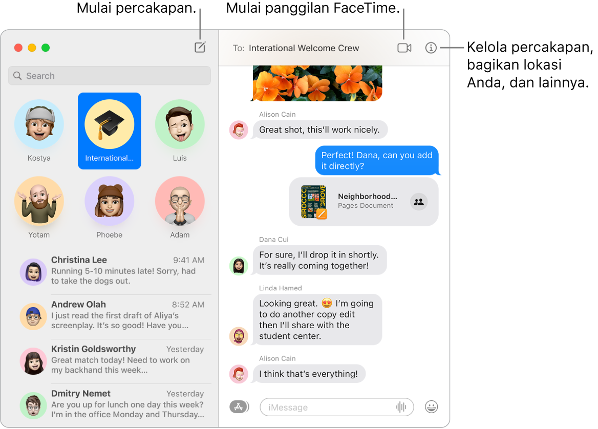 Jendela Pesan menampilkan cara untuk memulai percakapan dan panggilan FaceTime.