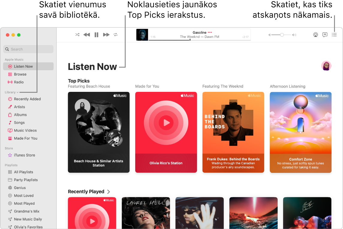 Lietotnes Music logā parādīts, kā skatīt bibliotēku, klausīties pakalpojumā Apple Music un skatīt nākamo satura vienību atskaņošanas rindā.