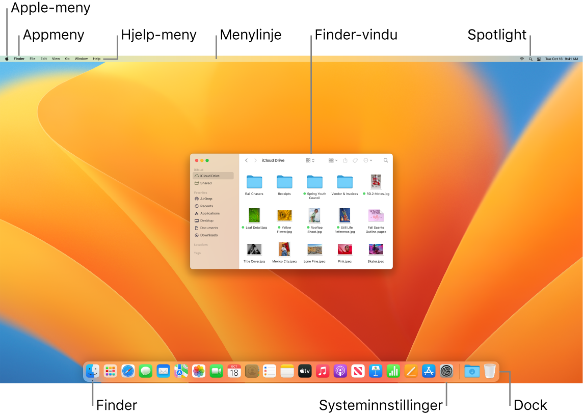 En Mac-skjerm der følgende elementer vises: Apple-menyen, App-menyen, Hjelp-menyen, menylinjen, et Finder-vindu, Spotlight-symbolet, Finder-symbolet, Systeminnstillinger-symbolet og Dock.