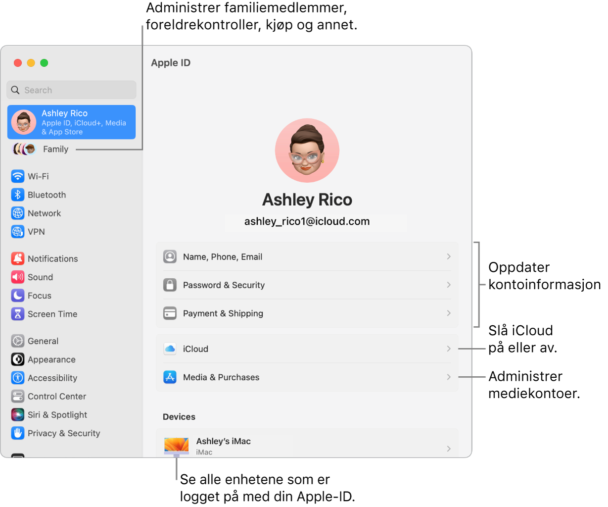 Apple-ID-innstillinger i Systeminnstillinger med forklaringer for hvordan du oppdaterer kontoinformasjon, slår av eller på iCloud-funksjoner, administrerer mediekontoer, og Familie, der du kan administrere familiemedlemmer, foreldrekontroller, kjøp og mer.