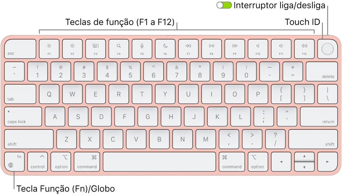 O Magic Keyboard com Touch ID mostrando a linha de teclas de função e o Touch ID ao longo da parte superior e a tecla Função (Fn)/Globo no canto inferior esquerdo.